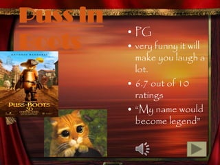 Puss in
          • PG
Boots     • very funny it will
            make you laugh a
            lot.
          • 6.7 out of 10
            ratings
          • “My name would
            become legend”
 