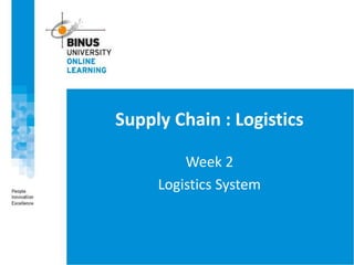 Supply Chain : Logistics
Week 2
Logistics System
 