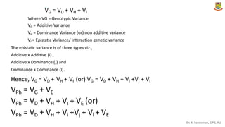 .
VG = VD + VH + VI
Where VG = Genotypic Variance
VD = Additive Variance
VH = Dominance Variance (or) non additive variance
VI = Epistatic Variance/ Interaction genetic variance
The epistatic variance is of three types viz.,
Additive x Additive (i) ,
Additive x Dominance (j) and
Dominance x Dominance (l).
Hence, VG = VD + VH + VI (or) VG = VD + VH + Vi +Vj + Vl
VPh
VPh
VPh
=
=
=
VG
VD
VD
+
+
+
VE
VH
VH
+ VI + VE (or)
+ Vi +Vj + Vl + VE
Dr. K. Saravanan, GPB, AU
 