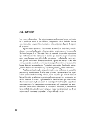 Mapa curricular

     Los campos formativos y las asignaturas que conforman el mapa curricular
     de la educación básica se han definido y organizado con la finalidad de dar
     cumplimiento a los propósitos formativos establecidos en el perfil de egreso
     de la misma.
          A partir de las reformas a los currículos de educación preescolar y secun-
     daria, el tramo de la educación primaria requiere ser ajustado, por lo que con la
     Reforma Integral de la Educación Básica se pretende articular las asignaturas
     que conforman los tres currículos, de manera que muestren mayor coherencia
     entre los enfoques y contenidos de las asignaturas, y expliciten las competen-
     cias que los estudiantes deberán desarrollar y poner en práctica. Estos tres
     currículos están orientados por los cuatro campos formativos de la educación
     básica: Lenguaje y comunicación, Pensamiento matemático, Exploración y com-
     prensión del mundo natural y social, y Desarrollo personal y para la convivencia.
          Para fines explicativos, los campos formativos que conforman la educación
     preescolar y las asignaturas de educación primaria y secundaria se han orga-
     nizado de manera horizontal y vertical, en un esquema que permite apreciar
     la relación entre las asignaturas correspondientes, pero por ser un esquema no
     facilita presentar de manera explícita todas las interrelaciones que existen entre
     ellas. En consecuencia, la alineación de los campos formativos y las asignaturas
     se centra en sus principales vinculaciones, así como en la importancia que revis-
     ten como antecedente o subsecuente de la disciplina. Asimismo, se presenta una
     tabla con la distribución del tiempo asignado para el trabajo con cada una de las
     asignaturas de cuarto a sexto grados a lo largo del ciclo escolar.




18
 