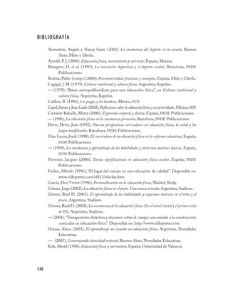 BIBLIOGRAFÍA
      Aisenstein, Angela y Nancy Ganz (2002), La enseñanza del deporte en la escuela, Buenos
             Aires, Miño y Dávila.
      Arnold, P. J. (2000), Educación física, movimiento y currículo, España, Morata.
      Blázquez, D. et al. (1995), La iniciación deportiva y el deporte escolar, Barcelona, INDE
             Publicaciones.
      Bottini, Pablo (comp.) (2000), Psicomotricidad: prácticas y conceptos, España, Miño y Dávila.
      Cagigal, J. M. (1979), Cultura intelectual y cultura física, Argentina, Kapeluz.
      — (1978), “Bases antropofilosóficas para una educación física”, en Cultura intelectual y
             cultura física, Argentina, Kapeluz.
      Caillois, R. (1994), Los juegos y los hombres, México, FCE.
      Capel, Susan y Jean Leah (2002), Reflexiones sobre la educación física y sus prioridades, México, SEP.
      Castañer Balcells, Marta (2000), Expresión corporal y danza, España, INDE Publicaciones.
      — (1996), La educación física en la enseñanza primaria, Barcelona, INDE Publicaciones.
      Devís, Devís, José (1992), Nuevas perspectivas curriculares en educación física, la salud y los
             juegos modificados, Barcelona, INDE Publicaciones.
      Díaz Lucea, Jordi (1998), El currículum de la educación física en la reforma educativa, España,
             INDE Publicaciones.
      — (1999), La enseñanza y aprendizaje de las habilidades y destrezas motrices básicas, España,
             INDE Publicaciones.
      Florence, Jacques (2000), Tareas significativas en educación física escolar, España, INDE
             Publicaciones.
      Furlán, Alfredo (1996), “El lugar del cuerpo en una educación de calidad”. Disponible en:
             www.efdeportes.com/efd13/afurlan.htm
      García, Hoz Víctor (1996), Personalización en la educación física, Madrid, Rialp.
      Gómez, Jorge (2002), La educación física en el patio. Una nueva mirada, Argentina, Stadium.
      Gómez, Raúl H. (2003), El aprendizaje de las habilidades y esquemas motrices en el niño y el
             joven, Argentina, Stadium.
      Gómez, Raúl H. (2002), La enseñanza de la educación física. En el nivel inicial y el primer ciclo
             de EG, Argentina, Stadium.
      — (2004), “Transposición didáctica y discursos sobre el cuerpo: una mirada a la construcción
             curricular en educación física”. Disponible en: http://www.efdeportes.com
      Grasso, Alicia (2003), El aprendizaje no resuelto en educación física, Argentina, Novedades
             Educativas.
      —- (2005), Construyendo identidad corporal, Buenos Aires, Novedades Educativas.
      Kirk, David (1990), Educación física y currículum, España, Universidad de Valencia.




330
 