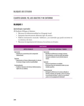 BLOQUES DE ESTUDIO

CUARTO GRADO. YO, LOS OBJETOS Y MI ENTORNO

BLOQUE I
Aprendizajes esperados
Al finalizar el bloque, el alumno:
    •	 Reconoce la tridimensionalidad en el lenguaje visual.
    •	 interpreta dancísticamente diferentes tipos de música.
    •	 Elabora instrumentos musicales –idiófonos–, con materiales que puede encontrar en
       su entorno y de reuso.
    •	 Reconoce la importancia de la lectura y la escritura en el teatro.

                                                          CONtENIDOs
                      ArtEs vIsUAlEs                                      ExprEsIÓN COrpOrAl y DANzA
 Apreciación                                                    Apreciación
   •	 Identificar las características de la composición           •	 Identificar las diferencias en energía y alcances
      tridimensional.                                                del movimiento, así como los niveles que pueden
                                                                     manejarse mediante el uso de distintos tipos de
 Expresión                                                           música.
   •	 Experimentar, en formas tridimensionales, lo cóncavo,
      lo convexo, lo largo, lo ancho y la profundidad.          Expresión
                                                                  •	 Asociar el movimiento con melodías.
 Contextualización                                                •	 Estructurar frases de movimiento acordes con una
   •	 Establecer relaciones entre formas tridimensionales y          melodía específica.
      objetos de uso cotidiano.
                                                                Contextualización
                                                                  •	 Distinguir las diferencias en la música utilizada en
                                                                     distintos contextos; por ejemplo, ¿cómo es la música
                                                                     en una función de danza?, ¿cómo es en una fiesta?,
                                                                     ¿cómo es en los programas de televisión?




344
 