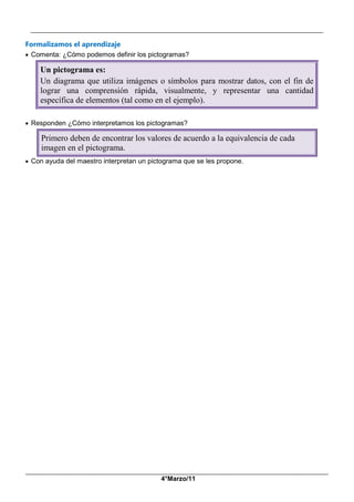 __________________________________________________________________________________________
_____________________________________________________________________________________________
4°Marzo/11
Formalizamos el aprendizaje
 Comenta: ¿Cómo podemos definir los pictogramas?
Un pictograma es:
Un diagrama que utiliza imágenes o símbolos para mostrar datos, con el fin de
lograr una comprensión rápida, visualmente, y representar una cantidad
específica de elementos (tal como en el ejemplo).
 Responden ¿Cómo interpretamos los pictogramas?
Primero deben de encontrar los valores de acuerdo a la equivalencia de cada
imagen en el pictograma.
 Con ayuda del maestro interpretan un pictograma que se les propone.
 