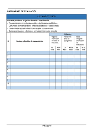 __________________________________________________________________________________________
_____________________________________________________________________________________________
4°Marzo/19
INSTRUMENTO DE EVALUACIÓN
LISTA DE COTEJOS
Resuelve problemas de gestión de datos e incertidumbre.
- Representa datos con gráficos y medidas estadísticas o probabilísticas.
- Comunica la comprensión de los conceptos estadísticos y probabilísticos.
- Usa estrategias y procedimientos para recopilar y procesar datos.
- Sustenta conclusiones o decisiones con base en información obtenida.
Nº Nombres y Apellidos de los estudiantes
Criterios
- Organiza
información
en tablas de
frecuencia.
- Representa
datos en
pictogramas
- Lee e
interpreta
información
de
Pictogramas
Lo
hace
No lo
hace
Lo
hace
No lo
hace
Lo
hace
No lo
hace
1
2
3
4
5
6
7
8
9
10
 