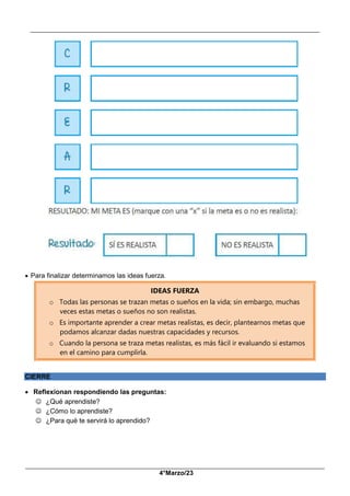 __________________________________________________________________________________________
_____________________________________________________________________________________________
4°Marzo/23
 Para finalizar determinamos las ideas fuerza.
IDEAS FUERZA
o Todas las personas se trazan metas o sueños en la vida; sin embargo, muchas
veces estas metas o sueños no son realistas.
o Es importante aprender a crear metas realistas, es decir, plantearnos metas que
podamos alcanzar dadas nuestras capacidades y recursos.
o Cuando la persona se traza metas realistas, es más fácil ir evaluando si estamos
en el camino para cumplirla.
CIERRE
 Reflexionan respondiendo las preguntas:
 ¿Qué aprendiste?
 ¿Cómo lo aprendiste?
 ¿Para qué te servirá lo aprendido?
 