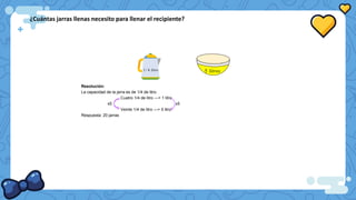 ¿Cuántas jarras llenas necesito para llenar el recipiente?
Resolución:
La capacidad de la jarra es de 1/4 de litro.
Cuatro 1/4 de litro —> 1 litro
x5 x5
Veinte 1/4 de litro —> 5 litro
Respuesta: 20 jarras
5 litros
1/ 4 litro
 