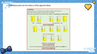  Formaliza junto con los niños y niñas algunas ideas:
CAPACIDAD
La capac idad de un rec ipiente es la cantidad de líquido q ue cabe en él.
El litro: es la unidad princ ipal de medida de la c apac idad.
Para medir c apac idades menores que el litro utilizamos, el medio litro y el cuarto de litro.
1 litro medio litro 2 medios litros = 1 litro
1 litro = 2 medios litros.
1 litro = 4 c uartos de litro
Medio litro = 2 cuartos de litro
1 litro = 4 c uartos de litro
Para medir c apac idades menores que el litro también utiliza mos el centilitro (c l).
1 litro (I) = 100 centilitros (c l)
 