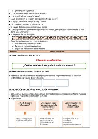 o ¿Quién ganó? ¿por qué?
 ¿Qué hacen los niños y niñas de la imagen?
 ¿Hacia qué lado se mueve la soga?
 ¿Qué ocurrirá con la soga en los siguientes fuerza casos?
 El equipo de la derecha aplica mayor fuerza.
 Los dos equipos hacen la misma fuerza.
 El equipo de la izquierda aplica mayor fuerza.
 Cuando pateas una pelota estás aplicando una fuerza, ¿en qué otras situaciones de la vida
diaria usas una fuerza?
 El propósito del día de hoy es:
EXPERIMENTAR Y EXPLICAR LOS TIPOS Y EFECTOS DE LAS FUERZAS
 Recordamos las siguientes recomendaciones:
 Escuchar a la persona que habla
 Tener sus materiales educativos
 Seguir las indicaciones de la maestra
Desarrollo Tiempo aproximado:
PLANTEAMIENTO DEL PROBLEMA
Situación problemática:
PLANTEAMIENTO DE HIPÓTESIS PROBLEMA
 Pedimos a los estudiantes que deben proponer algunas respuestas frente a la situación
problemática o pregunta de investigación:
ELABORACIÓN DEL PLAN DE INDAGACIÓN PROBLEMA
 Comentamos que debemos establecer qué actividades realizaremos para verificar si nuestras
hipótesis o respuestas iniciales son correctas.
 Preguntamos:
¿Cuáles son los tipos y efectos de las fuerzas?
 