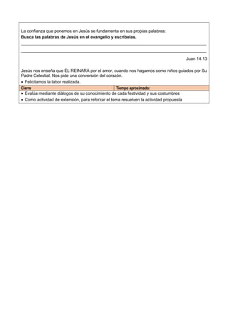 La confianza que ponemos en Jesús se fundamenta en sus propias palabras:
Busca las palabras de Jesús en el evangelio y escríbelas.
_______________________________________________________________________________
_______________________________________________________________________________
Juan 14.13
Jesús nos enseña que ÉL REINARÁ por el amor, cuando nos hagamos como niños guiados por Su
Padre Celestial. Nos pide una conversión del corazón.
 Felicitamos la labor realizada.
Cierre Tiempo aproximado:
 Evalúa mediante diálogos de su conocimiento de cada festividad y sus costumbres
 Como actividad de extensión, para reforzar el tema resuelven la actividad propuesta
 
