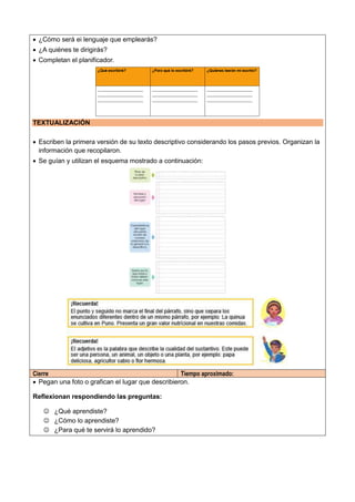  ¿Cómo será ei lenguaje que emplearás?
 ¿A quiénes te dirigirás?
 Completan el planificador.
TEXTUALIZACIÓN
 Escriben la primera versión de su texto descriptivo considerando los pasos previos. Organizan la
información que recopilaron.
 Se guían y utilizan el esquema mostrado a continuación:
Cierre Tiempo aproximado:
 Pegan una foto o grafican el lugar que describieron.
Reflexionan respondiendo las preguntas:
 ¿Qué aprendiste?
 ¿Cómo lo aprendiste?
 ¿Para qué te servirá lo aprendido?
 