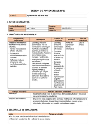 SESION DE APRENDIZAJE N°33
TITULO: Apreciación del arte inca
1. DATOS INFORMATIVOS:
Institución Educativa: Docente:
Área: Arte y cultura Fecha: 19 – 07 - 2023
Grado: Duración:
2. PROPÓSITOS DE APRENDIZAJE:
Competencias y
capacidades
Desempeños
Criterios de
evaluación
Evidencia
Instr. de
evaluación
Aprecia de manera crítica
manifestaciones artístico-
culturales.
- Percibe manifestaciones
artístico-culturales.
- Contextualiza
manifestaciones artístico-
culturales.
- Reflexiona creativa y
críticamente sobre
manifestaciones artístico-
culturales
- Describe y analiza los
elementos del arte que
identifica en el entorno y en
manifestaciones artístico-
culturales, e identifica los
medios utilizados. Relaciona
elementos con ideas,
mensajes y sentimientos.
- Investiga el significado de
los símbolos y
características principales
de manifestaciones artístico-
culturales de diferentes
lugares y tiempos, y
comprende que cumplen
diversos propósitos y
comunican ideas sobre la
cultura en la que fueron
creados.
- Describe y
analiza los
elementos del
arte incaico.
- Completas
fichas de
apreciación de
la cerámica y
textilería.
- Completas
fichas de
apreciación de
la arquitectura y
orfebrería
incaica.
- Elabora
representacion
es gráfico-
plásticas de las
manifestacione
s culturales del
Perú Incaico.
Fichas de
apreciación
Fichas
informativas
Lista de
cotejos
Enfoque transversal Actitudes o acciones observables
Intercultural - Reconocimiento al valor de las diversas identidades culturales y relaciones
de pertenencia de los estudiantes
búsqueda de la excelencia. - Disposición para adaptarse a los cambios, modificando si fuera necesario la
propia conducta para alcanzar determinados objetivos cuando surgen
dificultades, información no conocida o situaciones nuevas
3. DESARROLLO DE ESTRATEGIAS:
Inicio Tiempo aproximado:
 La docente saluda cordialmente a los estudiantes.
 Observan una lámina del arte de la época incaica
 
