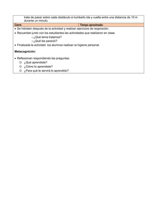 trata de pasar sobre cada obstáculo sí tumbarlo ida y vuelta entre una distancia de 10 m
durante un minuto.
Cierre Tiempo aproximado:
 Se hidratan después de la actividad y realizan ejercicios de respiración.
 Recuerdan junto con los estudiantes las actividades que realizaron en clase.
o¿Qué tema tratamos?
o¿Qué les pareció?
 Finalizada la actividad los alumnos realizan la higiene personal.
Metacognición:
 Reflexionan respondiendo las preguntas:
 ¿Qué aprendiste?
 ¿Cómo lo aprendiste?
 ¿Para qué te servirá lo aprendido?
 