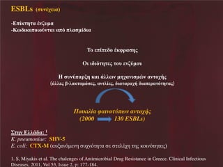 ESBLs

Χ υθΫξ δαΨ

- πέε β αΝΫθαυηα
-Κπ δεκπκδκτθ αδΝαπσΝπζα ηέ δα

ΣκΝ πέπ κΝΫεφλα βμ
ΟδΝδ δσ β μΝ κυΝ θατηκυ
Ν υθτπαλιβΝεαδΝΪζζπθΝηβξαθδ ηυθΝαθ κξάμΝ

(Ϊζζ μΝί-ζαε αηΪ μ,Ναθ ζέ μ,Ν δα αλαξάΝ δαπ λα σ β αμ)

Π

α φα
(2000

΢ βθ ζζΪ α: 1
K. pneumoniae: SHV-5
E. coli: CTX-M (αυιαθόη θβ υχθό β α

πω α χ
130 ESBLs)

ζΫχβ βμ εκδθό β αμ)

1. S, Miyakis et al. The chalenges of Antimicrobial Drug Resistance in Greece. Clinical Infectious
Diseases, 2011, Vol 53, Issue 2, p: 177-184.

 