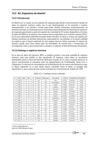 Título 13│Anexos
Guía Boliviana de Diseño Sísmico 91
13.2 A2. Espectros de diseño2
13.2.1 Introducción
En Bolivia no se cuenta con un espectro de respuesta para diseño sismorresistente basado en
datos de registros sísmicos reales, por lo que históricamente se ha recurrido a normas
internacionales o de naciones vecinas para poder diseñar estructuras sismorresistentes en
territorio nacional; en el presente anexo se presenta el procedimiento de obtención de espectros
de respuesta para diseño a partir de registros de velocidad de 25 sismos disponibles en la base
de datos del IRIS en el internet, estos sismos fueron registrados en la estación sísmica LPAZ,
por lo que representan solamente un punto dentro del país; lo ideal es contar con registros de
muchas estaciones en distintas ubicaciones representativas, sin embargo es la mayor cantidad
de registros que se hayan analizado de esta manera hasta la fecha; aumentar el número de
sensores queda como tarea futura para las autoridades de nuestro país e instituciones de
investigación, éstas y otras limitaciones y alcances se analizan al final del presente documento.
13.2.2 Catálogo y registros sísmicos
En la base de datos del proyecto IRIS, se pueden acceder a una gran cantidad de registros
sísmicos, para este estudio se han encontrado 25 registros, cuyos datos se encuentran
distribuidos dentro y fuera del territorio Boliviano (Figura A2.1), como se puede observar, la
mayor concentración se encuentra entre los departamentos de Cochabamba, Santa Cruz y
Chuquisaca, lo cual está en concordancia con la distribución de los sismos más destructivos que
se hayan registrado en el país desde épocas coloniales hasta la fecha, el ejemplo más
significativo y que es parte de este estudio está dado por el terremoto de Aiquile de 1998.
Tabla A2.1. Catálogo sísmico utilizado.
Nº AÑO MES DÍA M ESCALA PROF. (km) LOCALIDAD LATITUD LONGITUD ESTACIÓN
1 1994 4 3 5.3 mb 37.1 Pojo -17.7767 -64.8237 LPAZ
2 1994 6 9 8.2 mw 640 Rurrenabaque -13.8722 -67.5125 LPAZ
3 1998 5 22 6.6 mw 24 Aiquile -17.8595 -65.539 LPAZ
4 1998 5 22 5.2 mb 34.6 Curadero -18.0099 -65.126 LPAZ
5 1998 5 22 5.3 mb 33 Toro Toro -17.9884 -65.81 LPAZ
6 1998 5 26 5.1 mb 33 Mizque -17.836 -65.3282 LPAZ
7 1998 5 29 5.1 mb 33 Totora -17.7067 -65.253 LPAZ
8 2004 3 22 5.7 MW 20.1 SaltaLP -22.9481 -64.4059 LPAZ
9 2007 9 10 5.2 MW 20.2 Perú-Bolivia -17.2051 -69.4671 LPAZ
10 2008 9 5 4.0 mb 4 Illimani1 -16.6751 -67.5706 LPAZ
11 2009 7 11 4.5 mb 35 Tunari -17.2142 -66.2975 LPAZ
12 2011 5 13 3.8 Ml 26.3 Caluyo -17.5491 -66.1411 LPAZ
13 2013 7 7 3.4 mb 10 Tiraque -17.3147 -65.66 LPAZ
14 2013 7 7 4.6 mb 26.9 Punata -17.5008 -65.7638 LPAZ
15 2013 7 7 3.8 ML 4.2 Punata1 -17.477 -65.78 LPAZ
16 2013 11 9 4.5 mL 21.2 Larati -17.335 -66.048 LPAZ
17 2014 10 1 5.2 MW 10 Illimani -16.6358 -67.5421 LPAZ
18 2016 5 22 5.3 Mww 5.3 Tartagal -22.3467 -64.2278 LPAZ
19 2017 6 11 5.1 mb 10 Yapacaní -17.5365 -63.9347 LPAZ
2 Anexo redactado por:
Ing. Luis Pablo Burgos Vargas
 