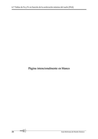 6.7 Tablas de Fa y Fv en función de la aceleración máxima del suelo (PGA)
26 Guía Boliviana de Diseño Sísmico
Página intencionalmente en blanco
 