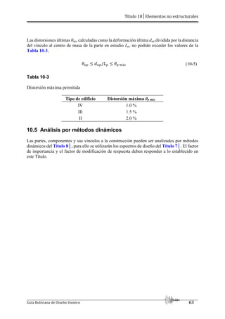 Título 10│Elementos no estructurales
Guía Boliviana de Diseño Sísmico 63
Las distorsiones últimas θup, calculadas como la deformación última dup dividida por la distancia
del vínculo al centro de masa de la parte en estudio Lp, no podrán exceder los valores de la
Tabla 10-3.
` 2 J i 2/v2 J `2 bá5 (10-5)
Tabla 10-3
Distorsión máxima permitida
Tipo de edificio Distorsión máxima θp máx
IV 1.0 %
III 1.5 %
II 2.0 %
10.5 Análisis por métodos dinámicos
Las partes, componentes y sus vínculos a la construcción pueden ser analizados por métodos
dinámicos del Título 8│, para ello se utilizarán los espectros de diseño del Título 7│. El factor
de importancia y el factor de modificación de respuesta deben responder a lo establecido en
este Título.
 