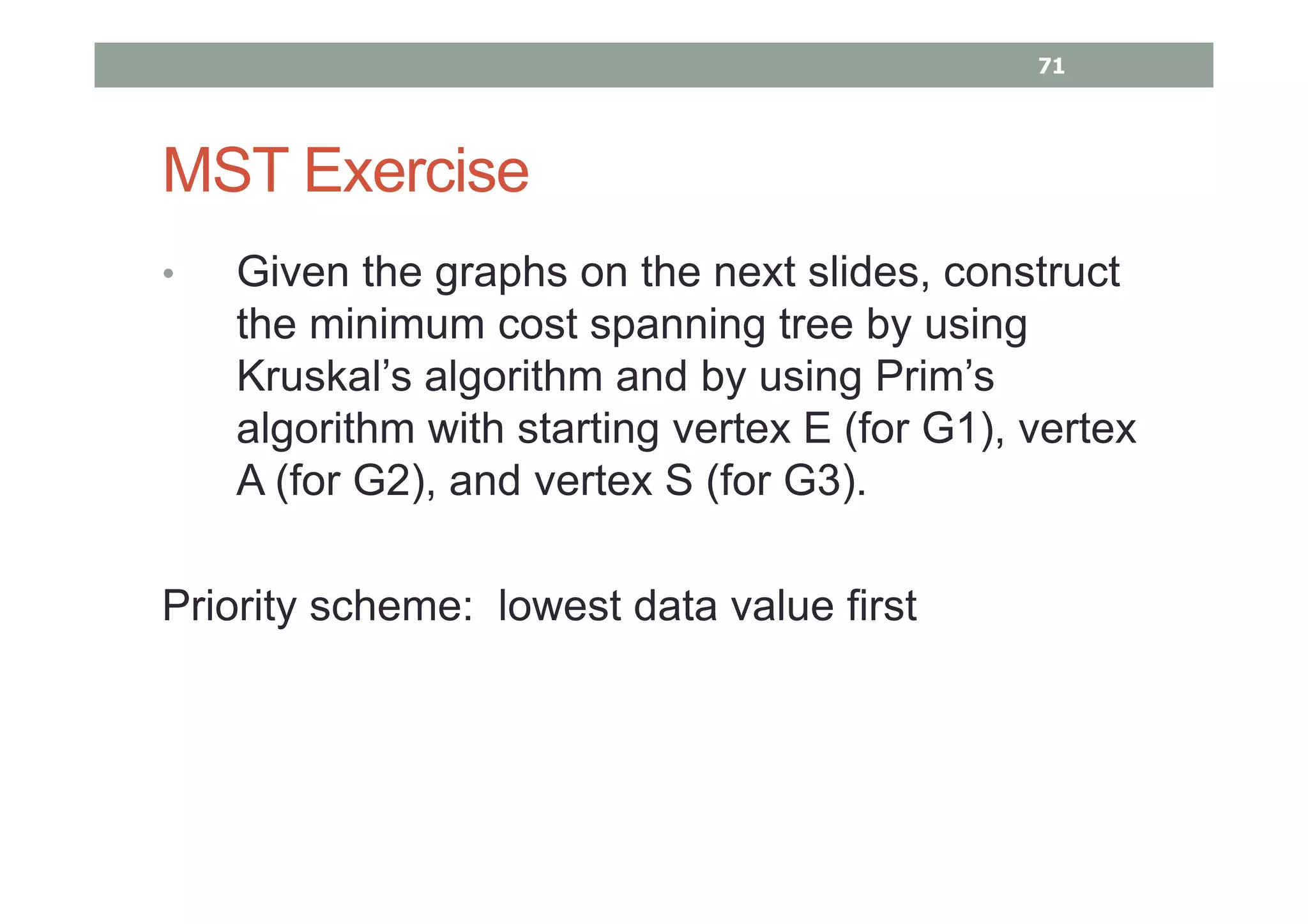 MST Exercise
• Given the graphs on the next slides, construct
the minimum cost spanning tree by using
Kruskal’s algorithm and by using Prim’s
algorithm with starting vertex E (for G1), vertex
A (for G2), and vertex S (for G3).
Priority scheme: lowest data value first
71
 