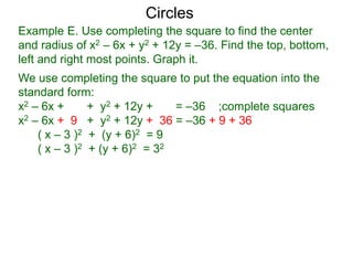 Example E. Use completing the square to find the center
and radius of x2 – 6x + y2 + 12y = –36. Find the top, bottom,
left and right most points. Graph it.
We use completing the square to put the equation into the
standard form:
x2 – 6x + + y2 + 12y + = –36 ;complete squares
x2 – 6x + 9 + y2 + 12y + 36 = –36 + 9 + 36
( x – 3 )2 + (y + 6)2 = 9
( x – 3 )2 + (y + 6)2 = 32
Circles
 