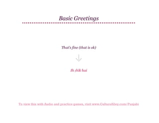 Basic Greetings

That's fine (that is ok)

Ih ṭhīk hai

To view this with Audio and practice games, visit www.CultureAlley.com/Punjabi

 
