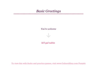 Basic Greetings

You're welcome

kō'ī gal nahīṁ

To view this with Audio and practice games, visit www.CultureAlley.com/Punjabi

 