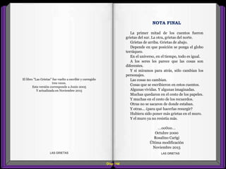 NOTA FINAL
La primer mitad de los cuentos fueron
grietas del sur. La otra, grietas del norte.
Grietas de arriba. Grietas de abajo.
Depende en que posición se ponga el globo
terráqueo.
En el universo, en el tiempo, todo es igual.
A los seres les parece que las cosas son
diferentes.
Y si miramos para atrás, sólo cambian los
personajes.
Las cosas no cambian.
Cosas que se escribieron en estos cuentos.
Algunas vividas. Y algunas imaginadas.
Muchas quedaron en el cesto de los papeles.
Y muchas en el cesto de los recuerdos.
Otras no se sacaron de donde estaban.
Y otras... ¿para qué hacerlas resurgir?
Hubiera sido poner más grietas en el muro.
Y el muro ya no resistía más.
...oo0oo...
Octubre 2000
Rosalino Carigi
Última modificación
Noviembre 2015
Diap 144
LAS GRIETAS LAS GRIETAS
El libro "Las Grietas" fue vuelto a escribir y corregido
tres veces.
Esta versión corresponde a Junio 2005
Y actualizada en Noviembre 2015
 