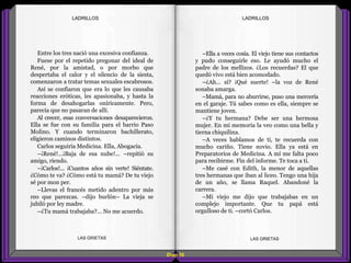 –Ella a veces cosía. El viejo tiene sus contactos
y pudo conseguirle eso. Le ayudó mucho el
padre de los mellizos. ¿Los recuerdas? El que
quedó vivo está bien acomodado.
–¿Ah... sí? ¡Qué suerte! –la voz de René
sonaba amarga.
–Mamá, para no aburrirse, puso una mercería
en el garaje. Tú sabes como es ella, siempre se
mantiene joven.
–¿Y tu hermana? Debe ser una hermosa
mujer. En mi memoria la veo como una bella y
tierna chiquilina.
–A veces hablamos de ti, te recuerda con
mucho cariño. Tiene novio. Ella ya está en
Preparatorios de Medicina. A mí me falta poco
para recibirme. Fin del informe. Te toca a ti.
–Me casé con Edith, la menor de aquellas
tres hermanas que iban al liceo. Tengo una hija
de un año, se llama Raquel. Abandoné la
carrera.
–Mi viejo me dijo que trabajabas en un
complejo importante. Que tu papá está
orgulloso de ti. –cortó Carlos.
Entre los tres nació una excesiva confianza.
Fuese por el repetido pregonar del ideal de
René, por la amistad, o por morbo que
despertaba el calor y el silencio de la siesta,
comenzaron a tratar temas sexuales escabrosos.
Así se confiaron que era lo que les causaba
reacciones eróticas, les apasionaba, y hasta la
forma de desahogarlas oníricamente. Pero,
parecía que no pasaran de allí.
Al crecer, esas conversaciones desaparecieron.
Ella se fue con su familia para el barrio Paso
Molino. Y cuando terminaron bachillerato,
eligieron caminos distintos.
Carlos seguiría Medicina. Ella, Abogacía.
–¡René!...¡Baja de esa nube!... –repitió su
amigo, riendo.
–¡Carlos!... ¡Cuantos años sin verte! Siéntate.
¿Cómo te va? ¿Cómo está tu mamá? De tu viejo
sé por mon per.
–Llevas el francés metido adentro por más
reo que parezcas. –dijo burlón– La vieja se
jubiló por ley madre.
–¿Tu mamá trabajaba?... No me acuerdo.
Diap 50
LADRILLOSLADRILLOS
LAS GRIETAS LAS GRIETAS
 