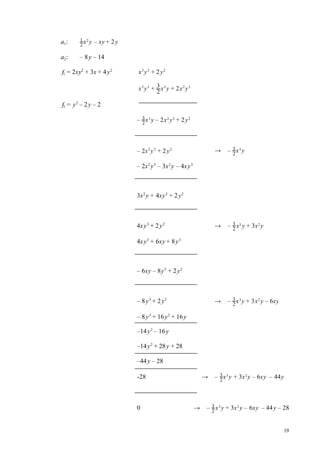 19
a1: 1
2
x2
y – xy + 2y
a2: – 8y – 14
f1 = 2xy2
+ 3x + 4y2
x3
y3
+ 2y2
x3
y3
+ 3
2
x3
y + 2x2
y3
f2 = y2
– 2y – 2
– 3
2
x3
y – 2x2
y3
+ 2y2
– 2x2
y3
+ 2y2
→ – 3
2
x3
y
– 2x2
y3
– 3x2
y – 4xy3
3x2
y + 4xy3
+ 2y2
4xy3
+ 2y2
→ – 3
2
x3
y + 3x2
y
4xy3
+ 6xy + 8y3
– 6xy – 8y3
+ 2y2
– 8y3
+ 2y2
→ – 3
2
x3
y + 3x2
y – 6xy
– 8y3
+ 16y2
+ 16y
–14y2
– 16y
–14y2
+ 28y + 28
–44y – 28
-28 → – 3
2
x3
y + 3x2
y – 6xy – 44y
0 → – 3
2
x3
y + 3x2
y – 6xy – 44y – 28
 