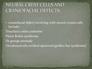  craniofacial defect involving with neural crestal cells
include:
Treachers colins yndrome
Pierre Robin syndrome
De george anomaly
Occuloauriculo vertbral spectrum(golden har syndrome)
 