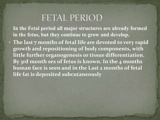 - In the Fetal period all major structures are already formed
in the fetus, but they continue to grow and develop.
 The last 7 months of fetal life are devoted to very rapid
growth and repositioning of body components, with
little further organogenesis or tissue differentiation.
By 3rd month sex of fetus is known. In the 4 months
human face is seen and in the Last 2 months of fetal
life fat is deposited subcutaneously
 