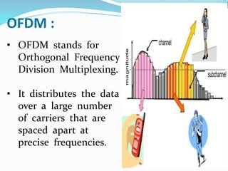 OFDM :
• OFDM stands for
Orthogonal Frequency
Division Multiplexing.
• It distributes the data
over a large number
of carriers that are
spaced apart at
precise frequencies.
 