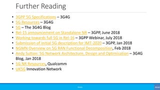 Further Reading
©3G4G
• 3GPP 5G Specifications – 3G4G
• 5G Resources – 3G4G
• 5G – The 3G4G Blog
• Rel-15 announcement on Standalone NR – 3GPP, June 2018
• Working towards full 5G in Rel-16 – 3GPP Webinar, July 2018
• Submission of initial 5G description for IMT-2020 – 3GPP, Jan 2018
• NGMN Overview on 5G RAN Functional Decomposition, Feb 2018
• Andy Sutton: 5G Network Architecture, Design and Optimisation – 3G4G
Blog, Jan 2018
• 5G NR Resources, Qualcomm
• UK5G Innovation Network
 