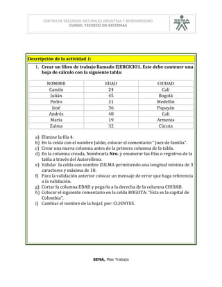 CENTRO DE RECURSOS NATURALES INDUSTRIA Y BIODIVERSIDAD
CURSO: TECNICO EN SISTEMAS
SENA, Mas Trabajo
Descripción de la actividad 1:
1. Crear un libro de trabajo llamado EJERCICIO1. Este debe contener una
hoja de cálculo con la siguiente tabla:
NOMBRE EDAD CIUDAD
Camilo 24 Cali
Julián 45 Bogotá
Pedro 21 Medellín
José 36 Popayán
Andrés 48 Cali
María 19 Armenia
Zulma 32 Cúcuta
a) Elimine la fila 4.
b) En la celda con el nombre Julián, colocar el comentario:“ Juez de familia”.
c) Crear una nueva columna antes de la primera columna de la tabla.
d) En la columna creada, Nombrarla Nro. y enumerar las filas o registros de la
tabla a través del Autorelleno.
e) Validar la celda con nombre ZULMA permitiendo una longitud mínima de 3
caracteres y máxima de 10.
f) Para la validación anterior colocar un mensaje de error que haga referencia
a la validación.
g) Cortar la columna EDAD y pegarla a la derecha de la columna CIUDAD.
h) Colocar el siguiente comentario en la celda BOGOTA: “Esta es la capital de
Colombia”.
i) Cambiar el nombre de la hoja1 por: CLIENTES.
 