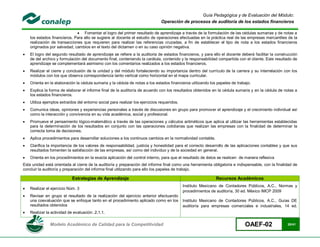 Guía Pedagógica y de Evaluación del Módulo:
                                                                                Operación de procesos de auditoría de los estados financieros

                               Fomentar el logro del primer resultado de aprendizaje a través de la formulación de las cédulas sumarias y de notas a
    los estados financieros. Para ello se sugiere al docente el estudio de operaciones efectuadas en la práctica real de las empresas mercantiles de la
    realización de transacciones que requieren para realizar las referencias cruzadas, a fin de establecer el tipo de nota a los estados financieros
    originados por salvedad, cambios en el texto del dictamen o en su caso opinión negativa.
   El logro del segundo resultado de aprendizaje se refiere a la auditoria de estados financieros, y para ello el docente deberá facilitar la construcción
    de del archivo y formulación del documento final, conteniendo la carátula, contenido y la responsabilidad compartida con el cliente, Este resultado de
    aprendizaje se complementará asimismo con los comentarios realizados a los estados financieros.
   Realizar el cierre y conclusión de la unidad y del módulo fortaleciendo su importancia dentro del currículo de la carrera y su interrelación con los
    módulos con los que observa correspondencia tanto vertical como horizontal en el mapa curricular.
   Orienta en la elaboración la cédula sumaria y la cédula de notas a los estados financieros utilizando los papeles de trabajo.
   Explica la forma de elaborar el informe final de la auditoría de acuerdo con los resultados obtenidos en la cédula sumaria y en la cédula de notas a
    los estados financieros.
   Utiliza ejemplos extraídos del entorno social para realizar los ejercicios requeridos.
   Comunica ideas, opiniones y experiencias personales a través de discusiones en grupo para promover el aprendizaje y el crecimiento individual así
    como la interacción y convivencia en su vida académica, social y profesional.
   Promueve el pensamiento lógico-matemático a través de las operaciones y cálculos aritméticos que aplica al utilizar las herramientas establecidas
    para la determinación de los resultados en conjunto con las operaciones cotidianas que realizan las empresas con la finalidad de determinar la
    correcta toma de decisiones.
   Aplica procedimientos para desarrollar soluciones a los continuos cambios en la normatividad contable.
   Clarifica la importancia de los valores de responsabilidad, justicia y honestidad para el correcto desarrollo de las aplicaciones contables y que sus
    resultados fomenten la satisfacción de las empresas, así como del individuo y de la sociedad en general.
   Orienta en los procedimientos en la exacta aplicación del control interno, para que el resultado de éstos se realicen de manera reflexiva
Esta unidad está orientada al cierre de la auditoría y preparación del informe final como una herramienta obligatoria e indispensable, con la finalidad de
concluir la auditoría y preparación del informe final utilizando para ello los papeles de trabajo.

                            Estrategias de Aprendizaje                                                       Recursos Académicos
                                                                                             Instituto Mexicano de Contadores Públicos, A.C., Normas y
   Realizar el ejercicio Núm. 3
                                                                                             procedimientos de auditoría, 30 ed. México IMCP 2009
   Revisar en grupo el resultado de la realización del ejercicio anterior efectuando
    una coevaluación que se enfoque tanto en el procedimiento aplicado como en los           Instituto Mexicano de Contadores Públicos, A.C., Guías DE
    resultados obtenidos                                                                     auditoría para empresas comerciales e industriales, 14 ed.
   Realizar la actividad de evaluación .2.1.1.

               Modelo Académico de Calidad para la Competitividad                                                            OAEF-02                 20/41
 