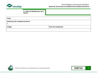 Guía Pedagógica y de Evaluación del Módulo:
                                                             Operación de procesos de auditoría de los estados financieros


                         2.- Datos de Identificación de la
                         Norma


Título:

Unidad (es) de competencia laboral:
1.

Código:                                                      Nivel de competencia:




            Modelo Académico de Calidad para la Competitividad                                     OAEF-02             4/41
 