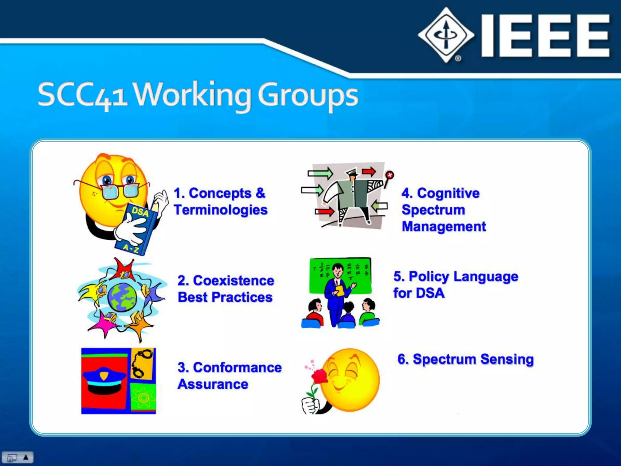 IEEE 1900 is a suite to support cognitive radio (CR), dynamic spectrum access (DSA), and coexistence.Previous standards s.a. WiFi (802.11), Zigbee (802.15.4), and WiMAX (802.16) have included certain level of CR.CR will be related to dynamic spectrum access (DSA), which is the real-time adjustment of Spectrum Utilization in response to changing circumstances and objectives.The most interesting aspect is coexistence: resource selection to determine the type of wireless/mobile access.IEEE 1900