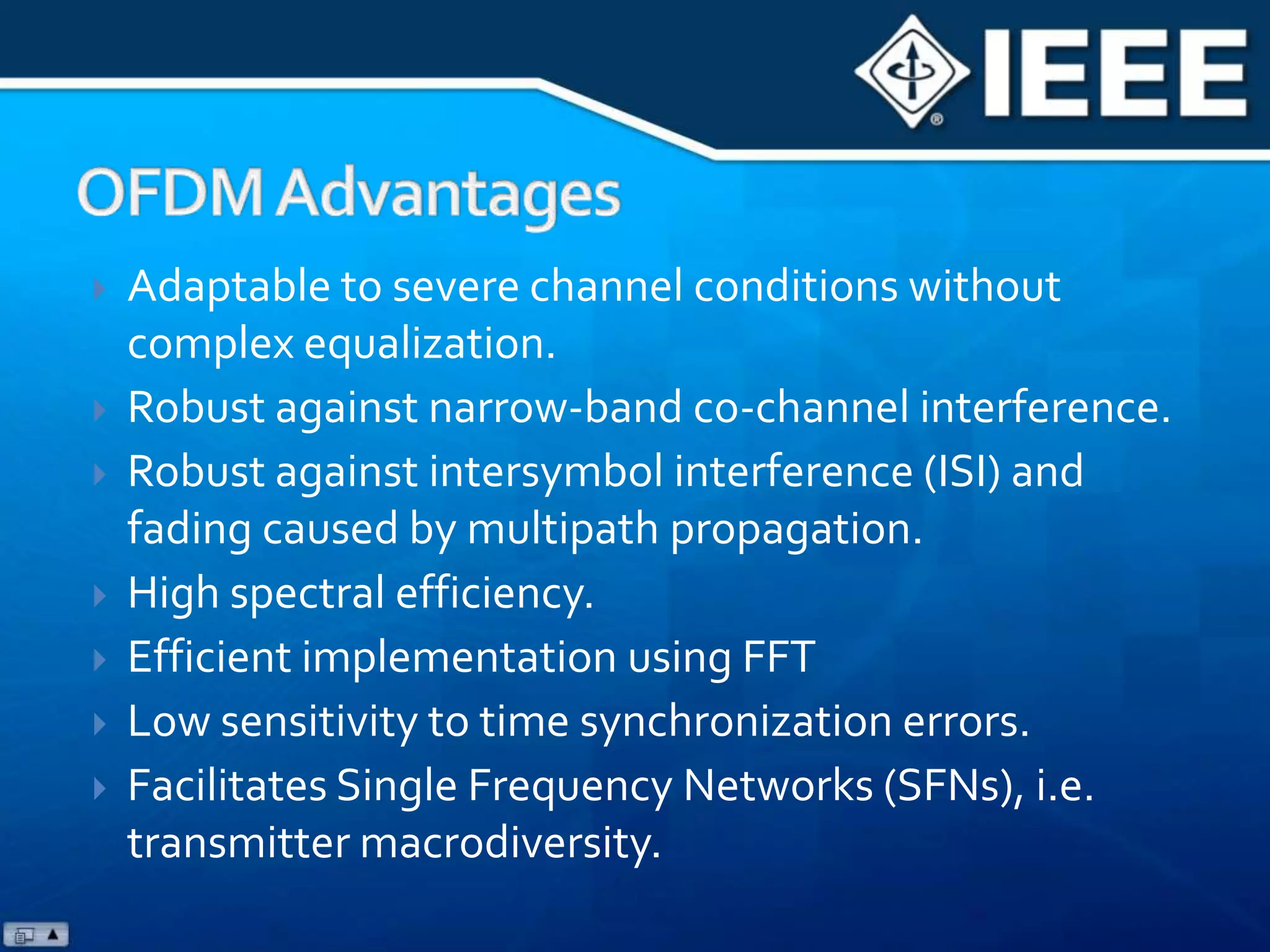 Orthogonal frequency-division multiplexingFDM in which sub-channels overlap without interferingOFDMSingle Carrier Transmission(WCDMA etc)5 MHzSubcarriersOrthogonal FrequencyDivision Multiplexinge.g. 5 MHz