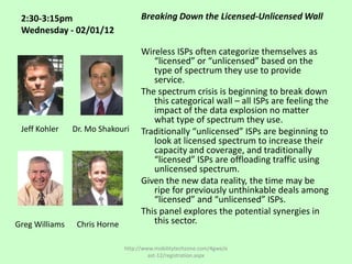2:30-3:15pm                         Breaking Down the Licensed-Unlicensed Wall
 Wednesday - 02/01/12

                                     Wireless ISPs often categorize themselves as
                                        “licensed” or “unlicensed” based on the
                                        type of spectrum they use to provide
                                        service.
                                     The spectrum crisis is beginning to break down
                                        this categorical wall – all ISPs are feeling the
                                        impact of the data explosion no matter
                                        what type of spectrum they use.
 Jeff Kohler    Dr. Mo Shakouri      Traditionally “unlicensed” ISPs are beginning to
                                        look at licensed spectrum to increase their
                                        capacity and coverage, and traditionally
                                        “licensed” ISPs are offloading traffic using
                                        unlicensed spectrum.
                                     Given the new data reality, the time may be
                                        ripe for previously unthinkable deals among
                                        “licensed” and “unlicensed” ISPs.
                                     This panel explores the potential synergies in
Greg Williams    Chris Horne            this sector.

                               http://www.mobilitytechzone.com/4gwe/e
                                        ast-12/registration.aspx
 