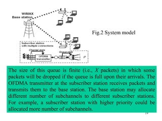 19
The size of this queue is finite (i.e., X packets) in which some
packets will be dropped if the queue is full upon their arrivals. The
OFDMA transmitter at the subscriber station receives packets and
transmits them to the base station. The base station may allocate
different number of subchannels to different subscriber stations.
For example, a subscriber station with higher priority could be
allocated more number of subchannels.
Fig.2 System model
 