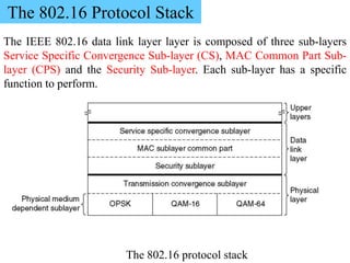 The IEEE 802.16 data link layer layer is composed of three sub-layers
Service Specific Convergence Sub-layer (CS), MAC Common Part Sub-
layer (CPS) and the Security Sub-layer. Each sub-layer has a specific
function to perform.
The 802.16 Protocol Stack
The 802.16 protocol stack
 