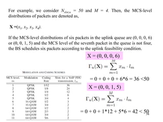 34
For example, we consider Nslot,u = 50 and M = 4. Then, the MCS-level
distributions of packets are denoted as,
X =(x1, x2, x3, x4).
If the MCS-level distributions of six packets in the uplink queue are (0, 0, 0, 6)
or (0, 0, 1, 5) and the MCS level of the seventh packet in the queue is not four,
the BS schedules six packets according to the uplink feasibility condition.
= 0 + 0 + 0 + 6*6 = 36 <50
X = (0, 0, 0, 6)
X = (0, 0, 1, 5)
= 0 + 0 + 1*12 + 5*6 = 42 < 50
 