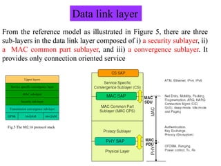Data link layer
Upper layers
Service specific convergence layer
MAC sub-layer
Security sub-layer
Transmission convergence sub-layer
QPSK 16-QAM 64-QAM
Fig.5 The 802.16 protocol stack
From the reference model as illustrated in Figure 5, there are three
sub-layers in the data link layer composed of i) a security sublayer, ii)
a MAC common part sublayer, and iii) a convergence sublayer. It
provides only connection oriented service
 