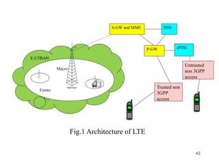 62
S-GW and MME HSS
P-GW
E-UTRAN
Macro
Femto
Radio tower
Radio tower
Radio tower Trusted non
3GPP
access
ePDG
Untrusted
non 3GPP
access
Fig.1 Architecture of LTE
 