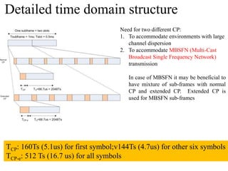 Detailed time domain structure
69
TCP: 160Ts (5.1us) for first symbol;v144Ts (4.7us) for other six symbols
TCP-e: 512 Ts (16.7 us) for all symbols
Need for two different CP:
1. To accommodate environments with large
channel dispersion
2. To accommodate MBSFN (Multi-Cast
Broadcast Single Frequency Network)
transmission
In case of MBSFN it may be beneficial to
have mixture of sub-frames with normal
CP and extended CP. Extended CP is
used for MBSFN sub-frames
 