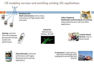 LTE enabling services and enriching existing 3G applications Gaming:  real-time P2P and multiplayer gaming with console quality and performance E-commerce:  Travel services, electronic ticketing & stock trading with assured QoS and security Video Telephony  Multimedia conferencing & net meeting:  videoconference plus real time office applications Location Based Services:  user or device-based Broadcast and Multi-cast Services:  one-to-many transmission of high-quality video and audio Industrial:  Maintenance, Military, 3D CAD AV/multimedia:  enhanced performance with legacy download and streaming applications 