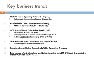 Key business trends Global Telecom Spending Patterns Realigning Early growth in international capex, US capex lag Rise in Mobile Data Revenues Internationally ARPUs up by 25% CAGR, US [< 5% CAGR] 50% Rise in Mobile Voice Subscribers [+1.4B]  International +100%, US  +15% Emerging markets to remain unsaturated through 2012 Mobile  broadband  subscribers up 275% [+750M] New Mobile Services Taking Hold – SK/Japan/Nordics Provide impetus to mobile data services Operators Consolidating Domestically While Expanding Overseas  Total number of 4G subscribers worldwide, including both LTE & WiMAX  is expected to exceed 90 million in 2013  (ABI Research) 