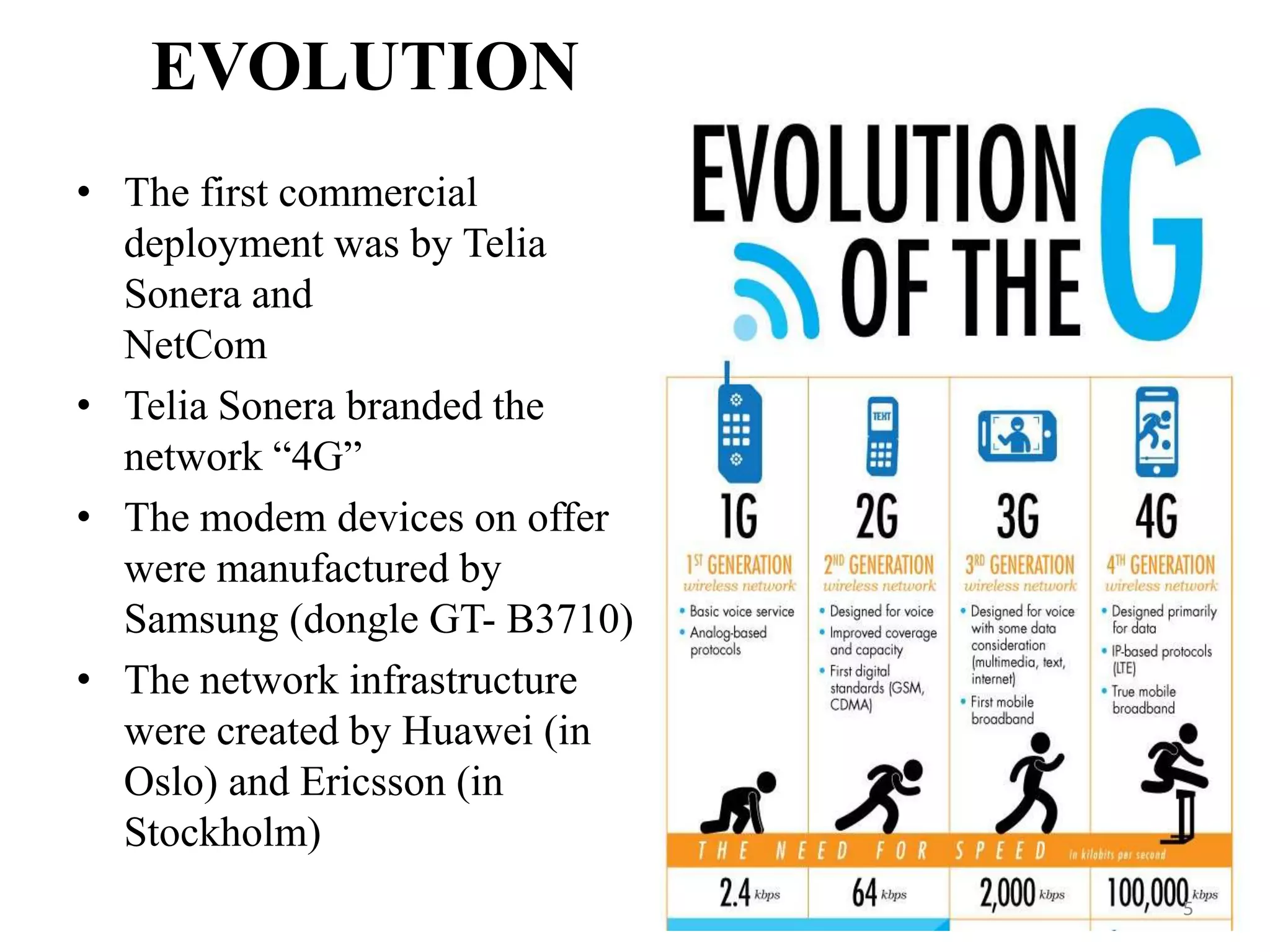EVOLUTION
• The first commercial
deployment was by Telia
Sonera and
NetCom
• Telia Sonera branded the
network “4G”
• The modem devices on offer
were manufactured by
Samsung (dongle GT- B3710)
• The network infrastructure
were created by Huawei (in
Oslo) and Ericsson (in
Stockholm)
5
 