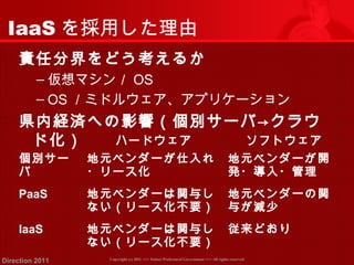 IaaSを採用した理由 
責任分界をどう考えるか 
‒仮想マシン／OS 
‒ OS／ミドルウェア、アプリケーション 
県内経済への影響（個別サーバ→クラウ 
ド化） ハードウェアソフトウェア 
個別サー 
地元ベンダーが仕入れ 
バ 
・リース化 
地元ベンダーが開 
発・導入・管理 
PaaS 地元ベンダーは関与し 
ない（リース化不要） 
地元ベンダーの関 
与が減少 
IaaS 地元ベンダーは関与し 
ない（リース化不要） 
従来どおり 
Copyright (c) 2011 <<< Tottori Prefectural Government Direction 2011 >>> All rights reserved 
 