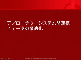 アプローチ３：システム間連携 
／データの最適化 
Copyright (c) 2011 <<< Tottori Prefectural Government Direction 2011 >>> All rights reserved 
 
