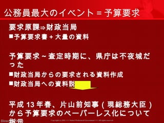 公務員最大のイベント＝予算要求 
要求原課⇒財政当局 
予算要求書＋大量の資料 
予算要求～査定時期に、県庁は不夜城だ 
った 
財政当局からの要求される資料作成 
財政当局への資料説明 
平成13年春、片山前知事（現総務大臣） 
から予算要求のペーパーレス化について 
指示 
Copyright (c) 2011 <<< Tottori Prefectural Government Direction 2011 >>> All rights reserved 
 