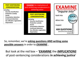 POST-SENTENCING
CONSIDERATIONS
Including
Security classification
Protective custody
Parole
Preventative detention
Continued detention
Sex offenders registration
Deportation
EXAMINE the implications of
post-sentencing considerations in
achieving justice
POST-SENTENCING
CONSIDERATIONS
Including
Security classification
Protective custody
Parole
Preventative detention
Continued detention
Sex offenders registration
Deportation
So, remember, we’re asking questions AND writing some
possible answers in order to EXAMINE…
But look at the red box – ‘EXAMINE the IMPLICATIONS
of post-sentencing considerations in achieving justice’
 